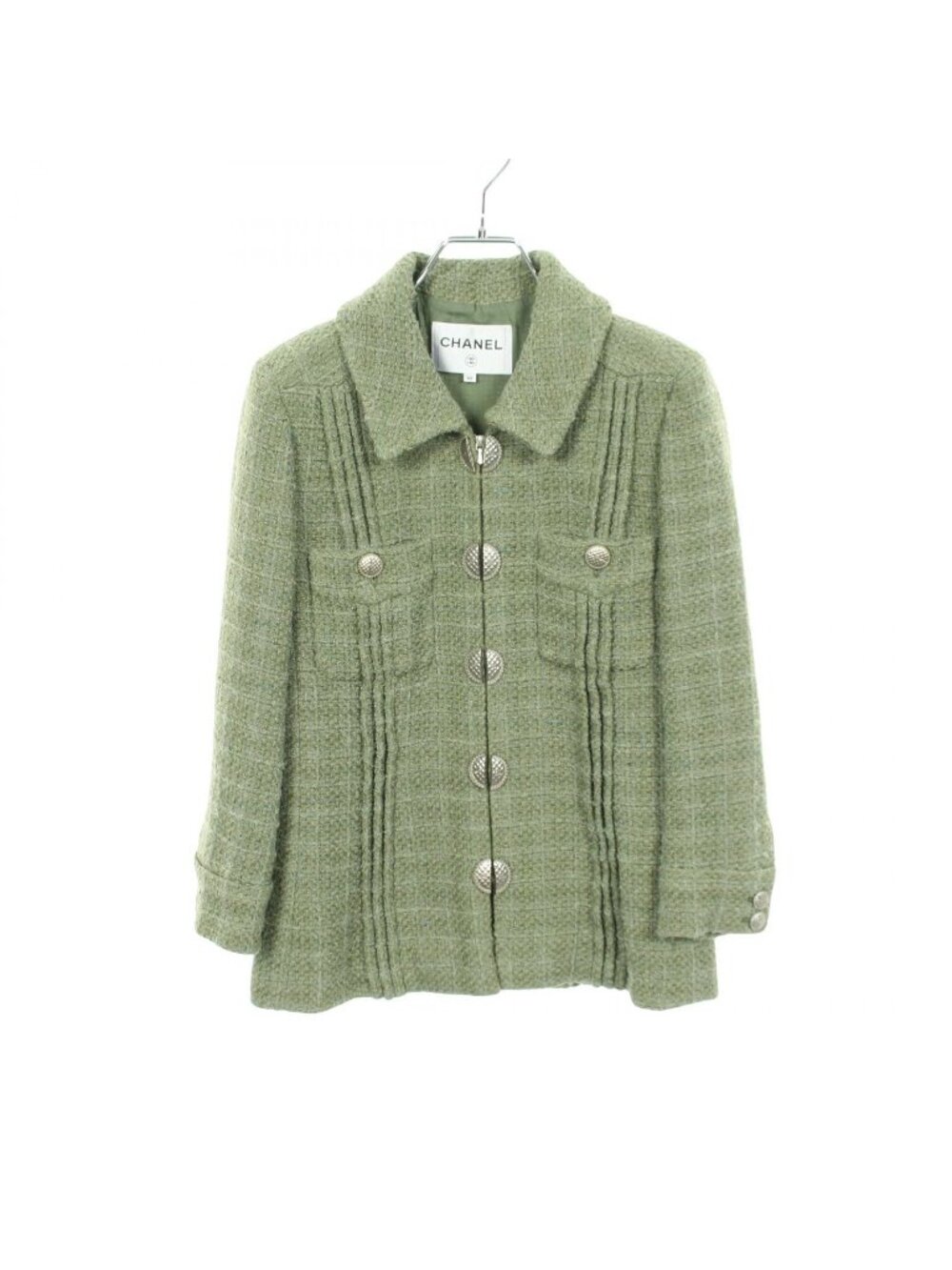 Chanel CC Logo Button Tweed Green Wool Fabric Jacket